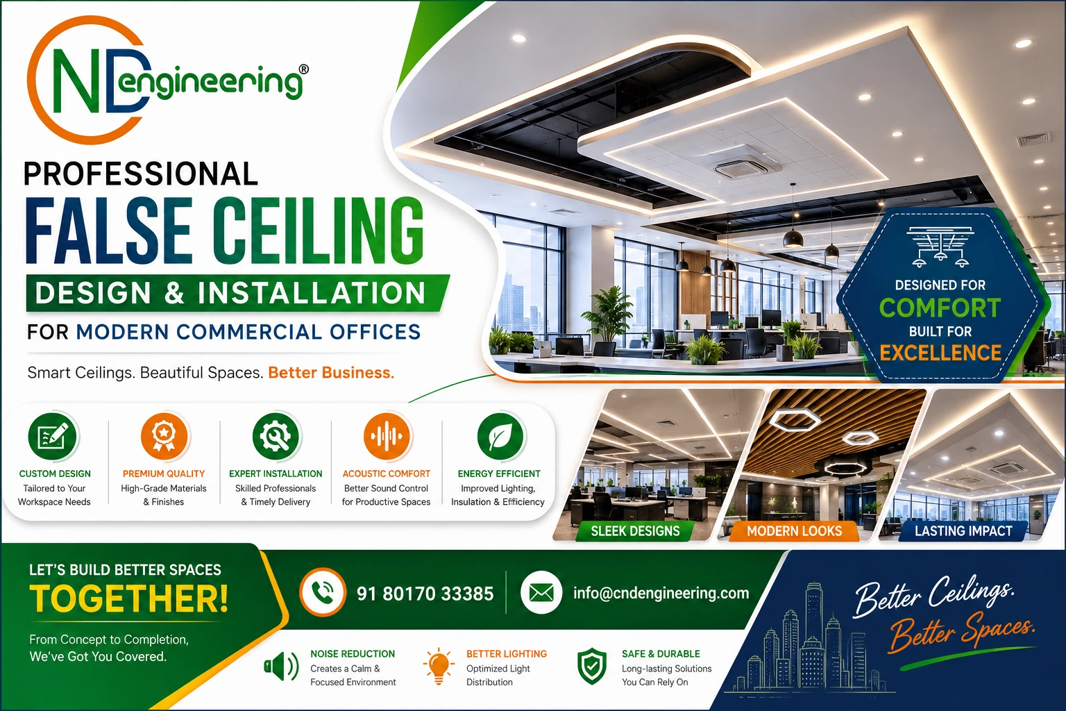 Professional false ceiling design and installation for modern commercial offices by CND Engineering